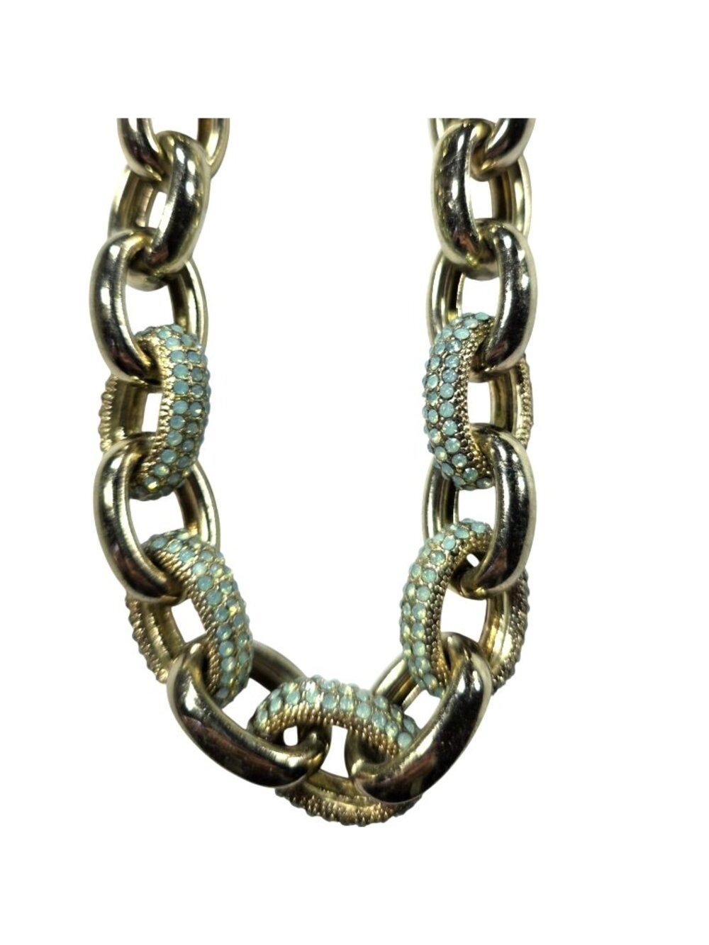 Mythologie Gold-Tone Chain Link Necklace Aqua Rhinestone Statement Chunky